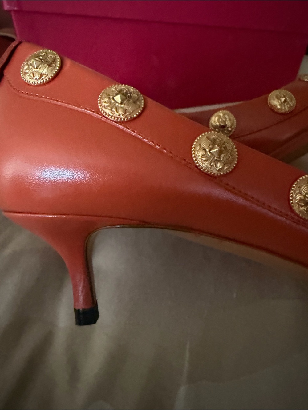 Valentino Pointed Toe Leather Flats in Rust with Gold Medallions - Picture 3 of 4